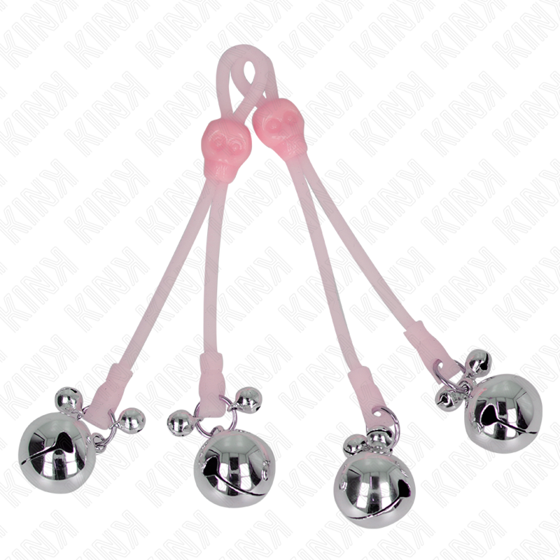 Pinces a tetons en silicone rose a boucle reglable ornees de billes metalliques sur fond blanc, serrage doux et lest, accessoire BDSM Kink.