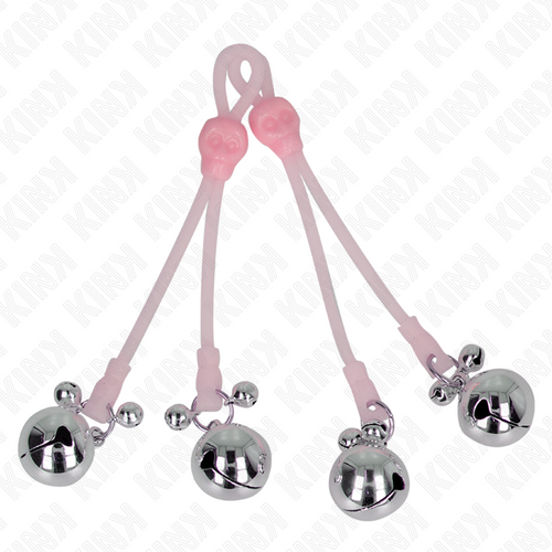 Pinces a tetons en silicone rose a boucle reglable ornees de billes metalliques sur fond blanc, serrage doux et lest, accessoire BDSM Kink.