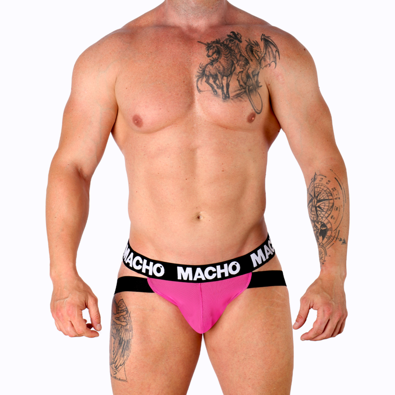 Jockstrap homme rose fluo en lycra vu de face sur torse nu musclé, pochette anatomique galbante et large ceinture Macho, mettant en valeur la silhouette et le maintien.
