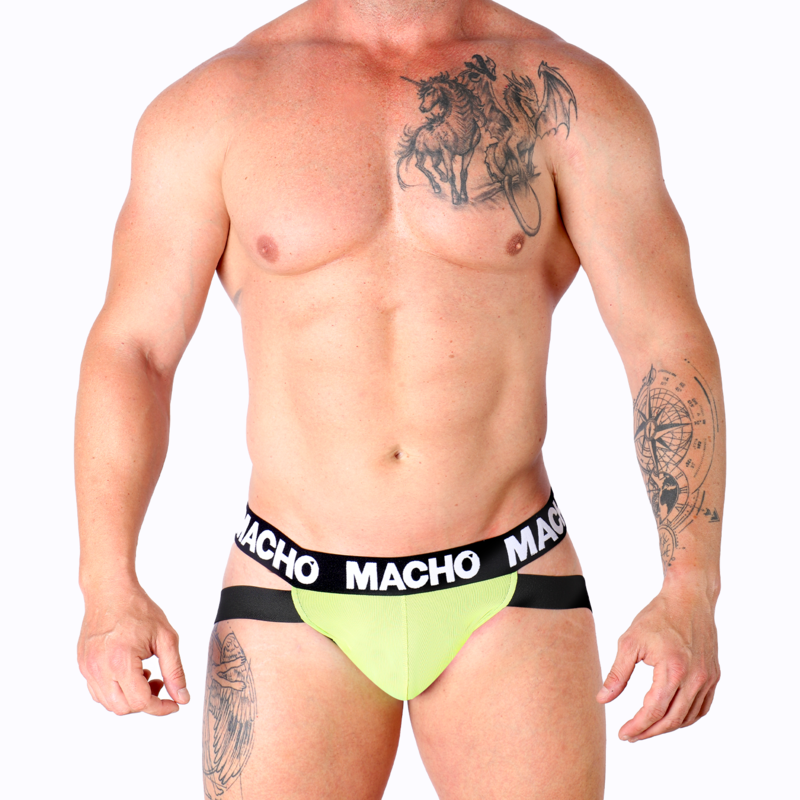 Jockstrap homme vert fluo en lycra présenté de face sur torse nu athlétique, pochette galbante et ceinture Macho, soulignant la silhouette et le maintien respirant du modèle.
