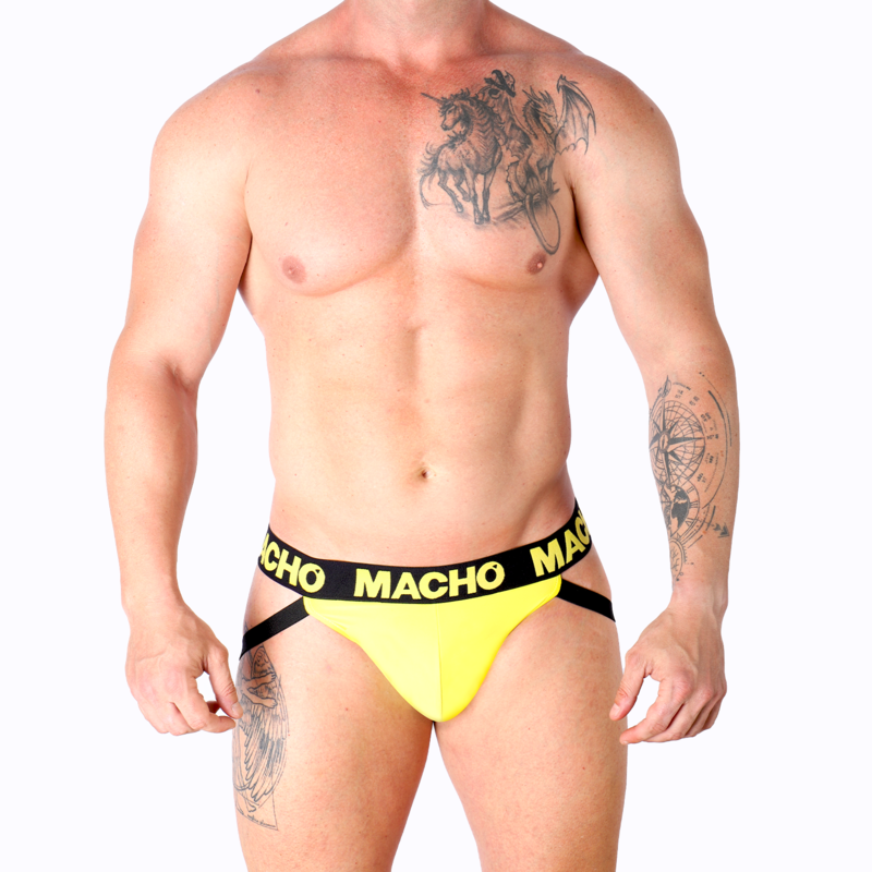Jockstrap homme lycra jaune fluo fesses ouvertes porte sur modele torse nu, pochette moulante lanieres logo Macho cuisses nues, style audacieux maintien tissu doux extensible
