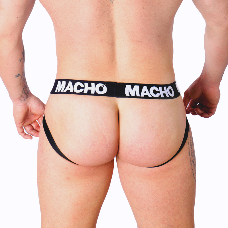 Jockstrap homme blanc semi-transparent MX26X1 vu de dos, fesses nues lanieres elastiques bande logo Macho fessier totalement degage, maille grid stretch transparente
