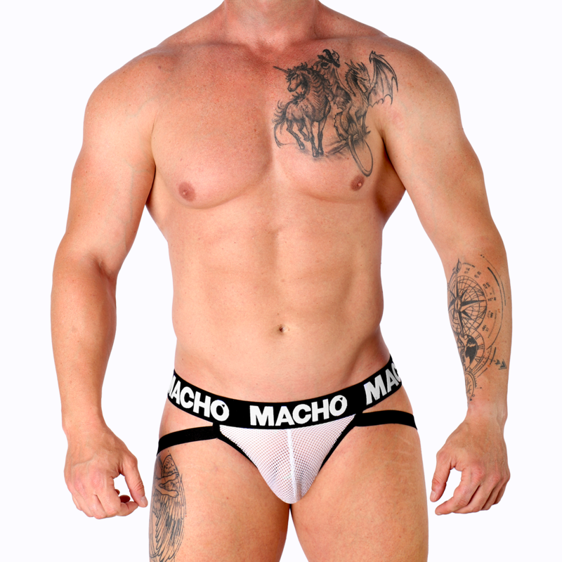 Jockstrap homme blanc semi-transparent MX26X1 porte sur modele torse nu de face, pochette maille grid ceinture logo Macho, contraste maintien transparence sensuelle masculine