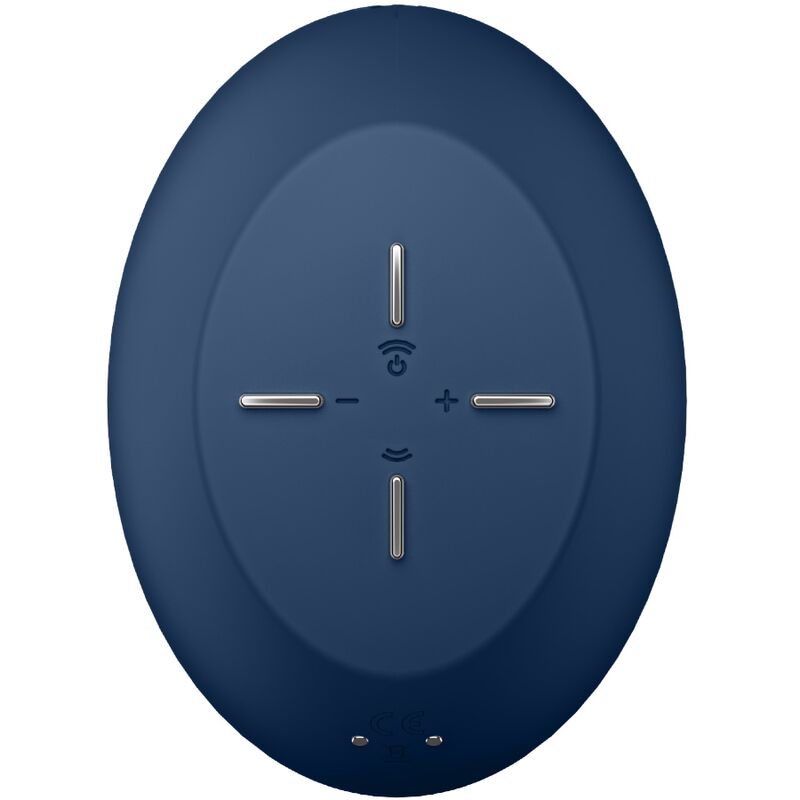 Face arriere du Satisfyer Air Power 4 avec panneau de commandes plus, moins et intensite, coque bleu marine ergonomique pour l'aspiration clitoridienne.