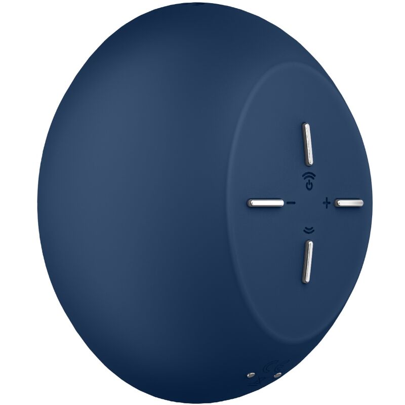 Gros plan du clavier du stimulateur Air Power 4, touches d'intensite gravees sur la coque bleu marine en silicone, vibromasseur clitoridien air pulse.
