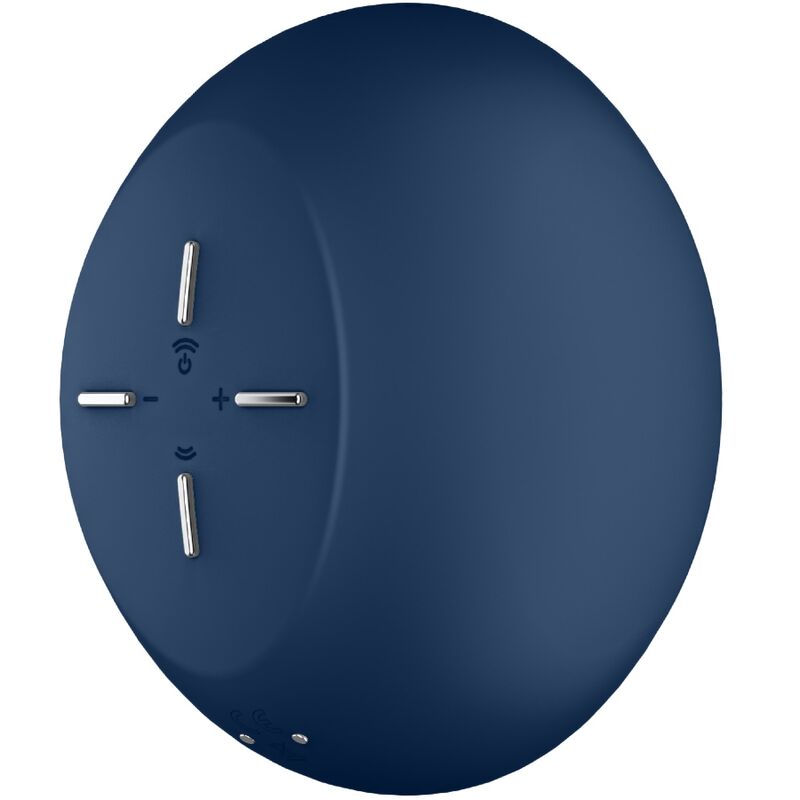 Stimulateur clitoridien Satisfyer Air Power 4 incline, commandes plus et moins visibles sur le galet bleu nuit, double air pulse et vibration sans contact.