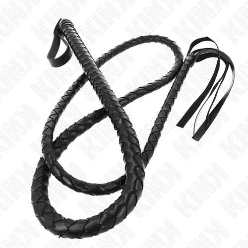 Long fouet noir tressé type serpent de 210 cm enroulé en boucle avec ses mèches souples, accessoire de discipline pour pratiquants avertis.
