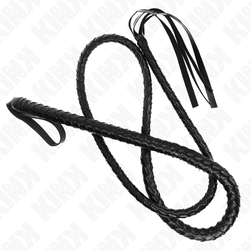 Fouet serpent noir tressé de 210 cm lové en grandes boucles, vue d'ensemble de sa longueur et de ses lanières de bout pour l'impact.