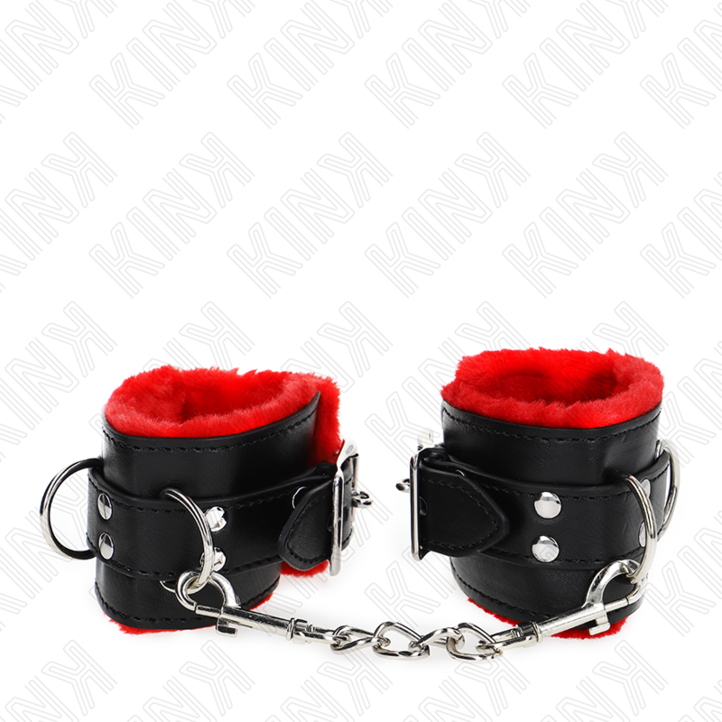 kink appui poignets doubles de fourrure avec trous carres ceinture rouge et noire reglable 17 29 cm x 6 cm