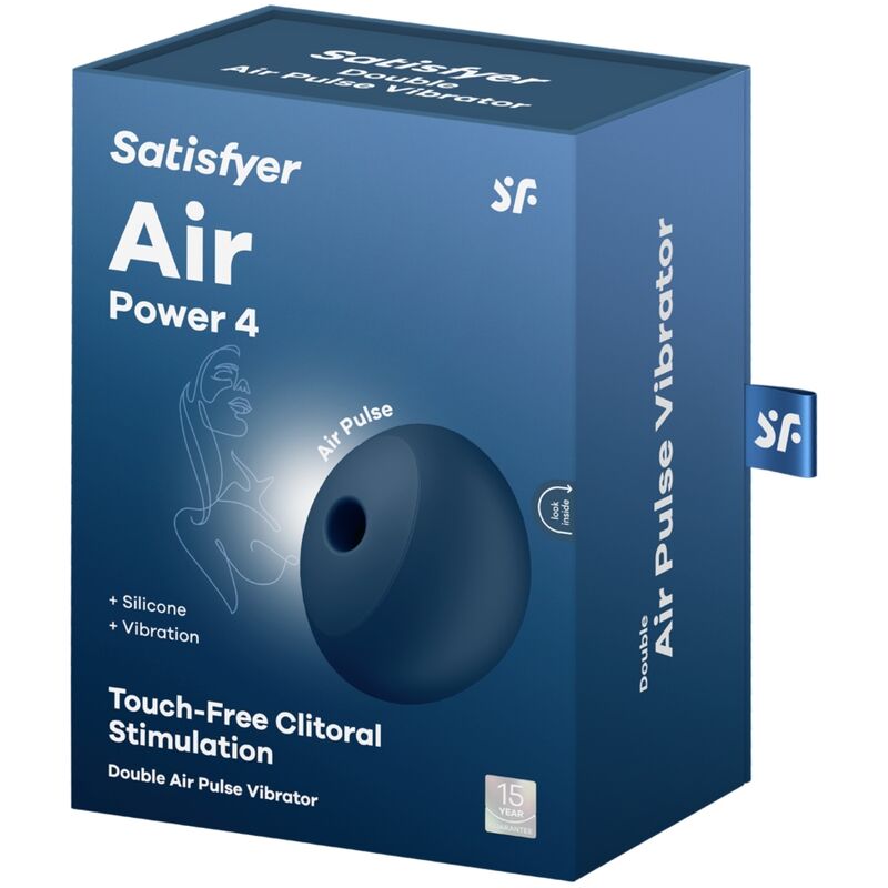 Boite Satisfyer Air Power 4 bleue, packaging Double Air Pulse Vibrator avec visuel produit galet, mention Touch-Free Clitoral Stimulation en silicone.