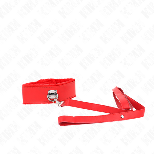 Collier de soumission rouge double de fourrure accompagne de sa longue laisse, kit collier laisse ajustable jusqu'a 116 cm pour le jeu dominant soumis