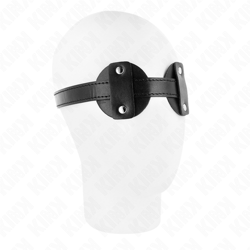 Baillon mors souple presente sur un mannequin de tete blanc vu de profil, la sangle en cuir entoure le crane pour montrer le port reel de l'accessoire.