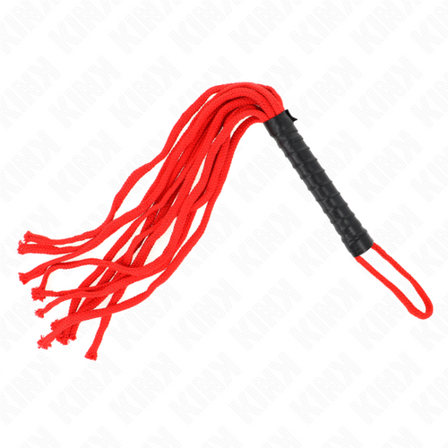 Martinet à mèches en corde de coton rouge tressée et manche noir, fouet souple de 56 cm aux brins multiples pour jeux d'impact doux.