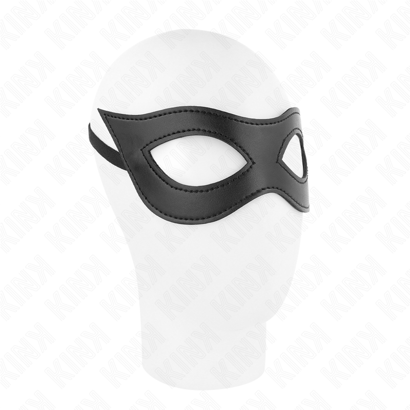 Masque BDSM en simili-cuir couvrant le haut du visage, porte de trois quarts sur un mannequin blanc, look elegant et mysterieux pour la soumission.