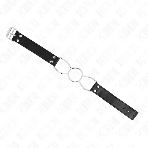 Bâillon à anneau ouvert en métal sur sangle en cuir noir présentée à plat, alternative au ball gag laissant la bouche ouverte.