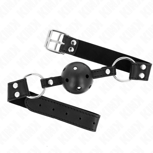 Bâillon boule noir avec sangle à boucle ajustable, vue de trois quarts, anneaux métalliques de chaque côté