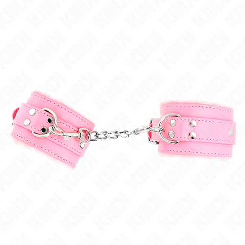 Paire de manchettes de poignets rose pale doublees de fourrure reliees par chaine, kit d'attache moelleux et reglable jusqu'a 29 cm pour le bondage soft