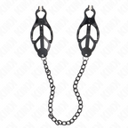 Paire de pinces a tetons trefle japonais noires reliees par une chaine metallique, la traction sur la chaine augmente la pression sur les deux tetons.