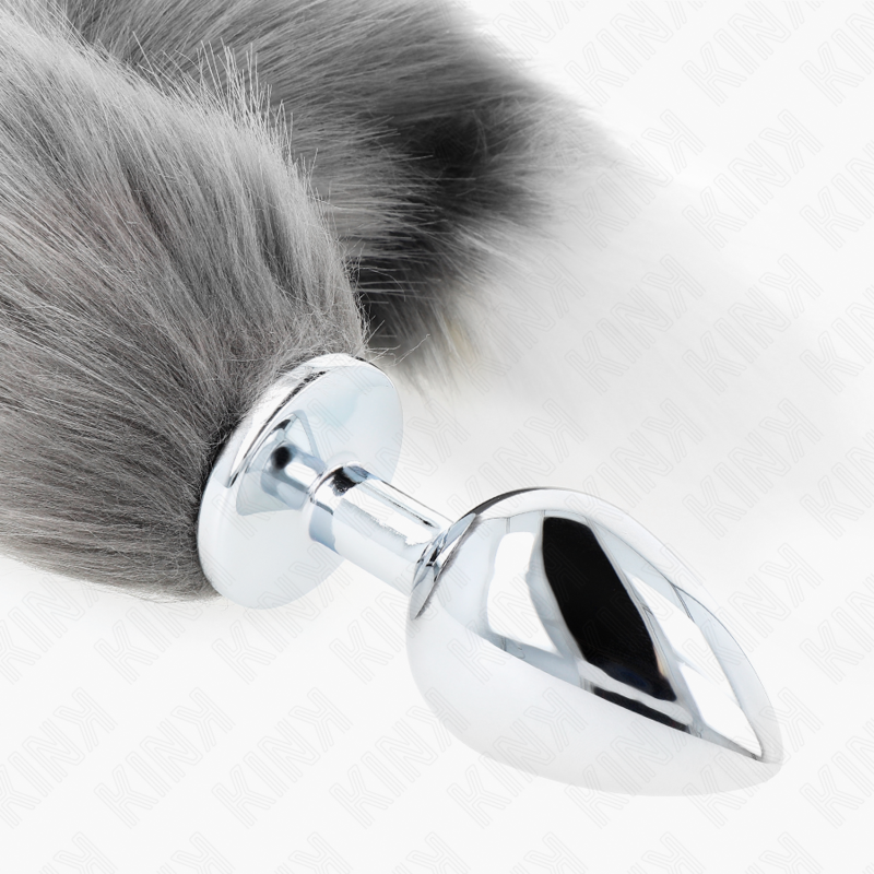 Plug anal acier avec queue synthétique gris et blanc — angle alternatif