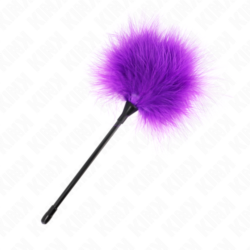 Plumeau de chatouilles aux plumes violettes moelleuses sur tige noire, vue de cote. Accessoire sensoriel pour effleurer la peau et faire frissonner en douceur.