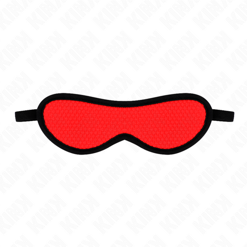 Masque BDSM sur les yeux rouge à surface en écailles et liseré noir, présenté à plat avec ses élastiques, accessoire de soumission pour décupler le toucher.