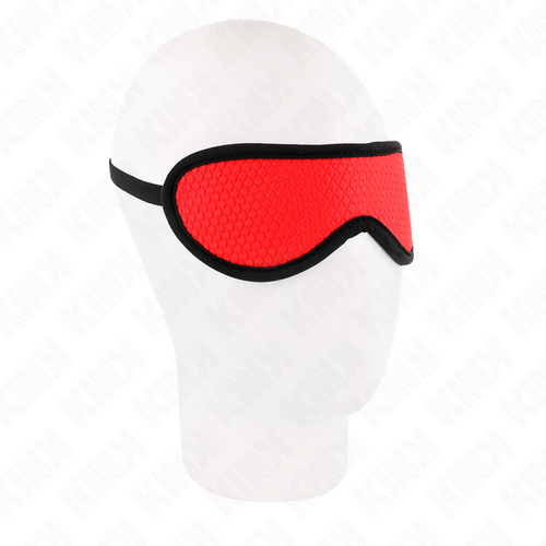 Masque sur les yeux rouge texturé à écailles, bord noir recouvert, porté sur une tête de mannequin blanche, accessoire BDSM de privation de la vue.