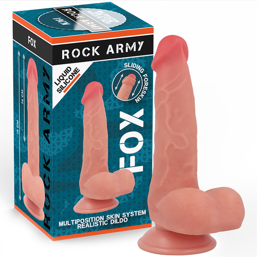 Boite Rock Army Fox en silicone liquide montrant le gode realiste chair avec gland et bourse, systeme peau coulissante multiposition, presentation du dildo realiste a cote.