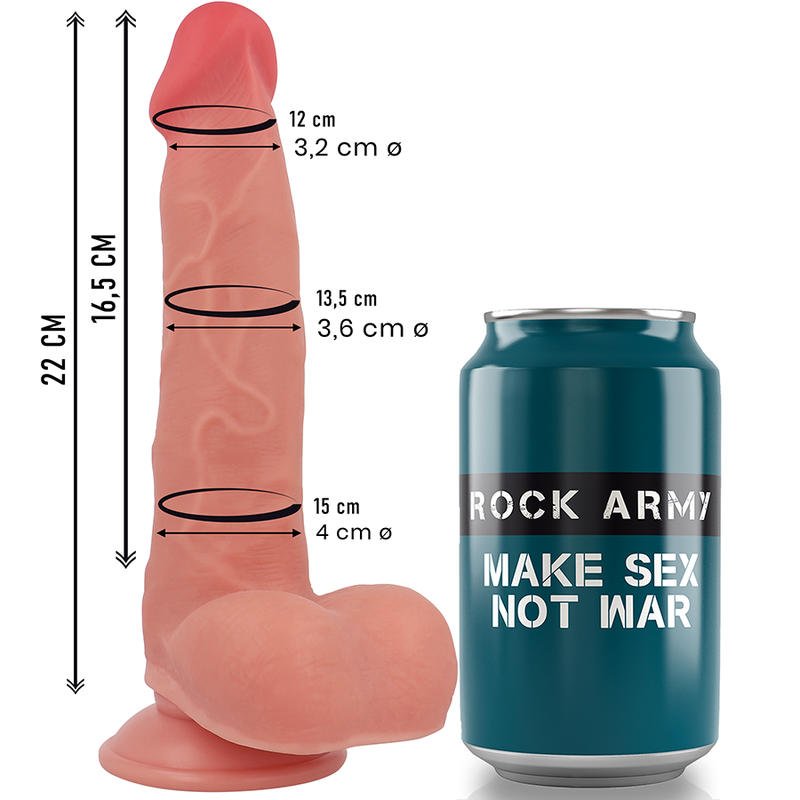 Schema dimensionnel du gode Ranger : 22 cm de long, circonferences 12 a 15 cm pres d une canette Rock Army, silicone chair realiste avec gland, veines et testicules, base ventouse.
