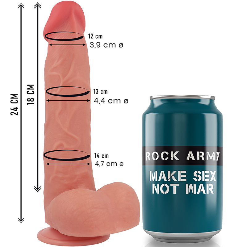 Schema dimensionnel du gode : 24 cm de long, circonferences 12 a 14 cm pres d une canette Rock Army, silicone chair realiste avec gland, veines et testicules, base ventouse.