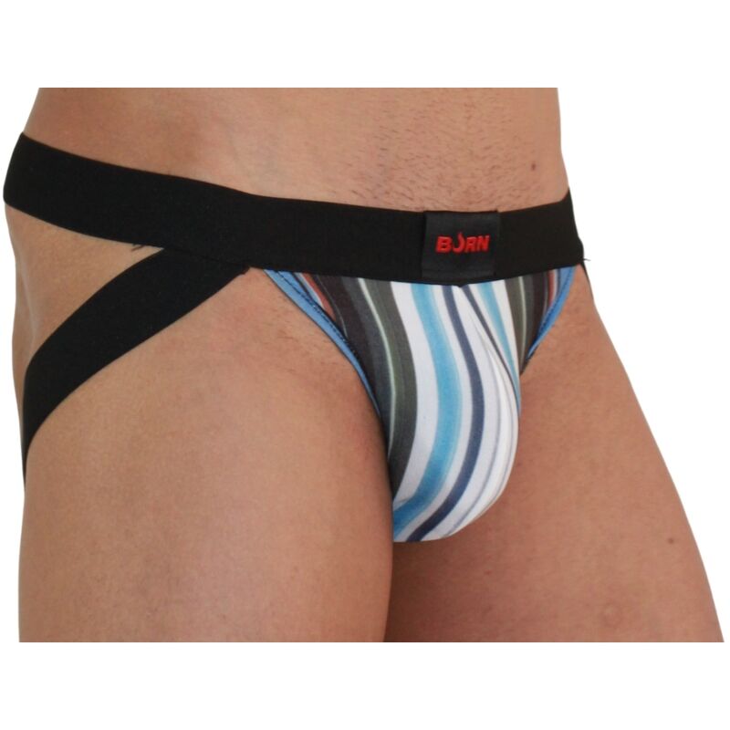 Jockstrap homme Burn raye multicolore vu de trois quarts dos, poche aux rayures bleues et blanches et lanieres elastiques noires degageant la fesse en maille stretch souple.