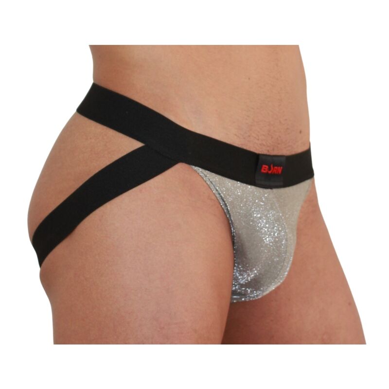 Jockstrap homme Burn a paillettes beige et noir vu de trois quarts dos, lanieres elastiques degageant la fesse et poche argentee brillante en maille stretch ajustee.