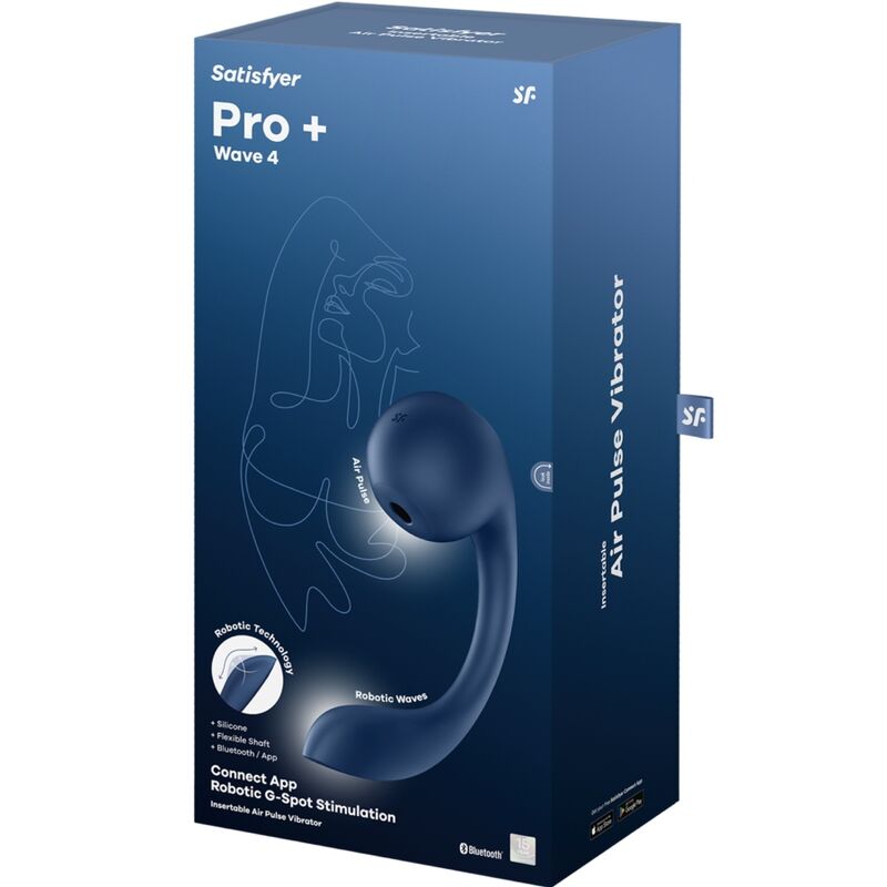 Boite Satisfyer Pro Plus Wave 4 bleue, packaging Air Pulse Vibrator avec mention Connect App et Robotic G-Spot Stimulation, visuel produit silicone.