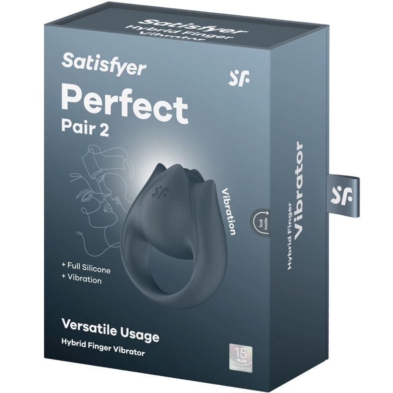 Boite Satisfyer Perfect Pair 2 grise, packaging Hybrid Finger Vibrator avec visuel de l'anneau, mention Versatile Usage et Full Silicone Vibration.