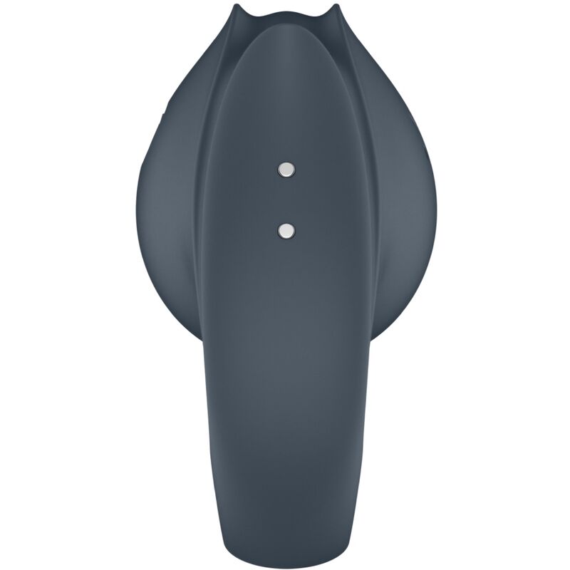 Dos de l'embout Perfect Pair 2 avec contacts de charge, silicone gris fonce en forme de petale clos, vibromasseur hybride doigt et anneau penien.