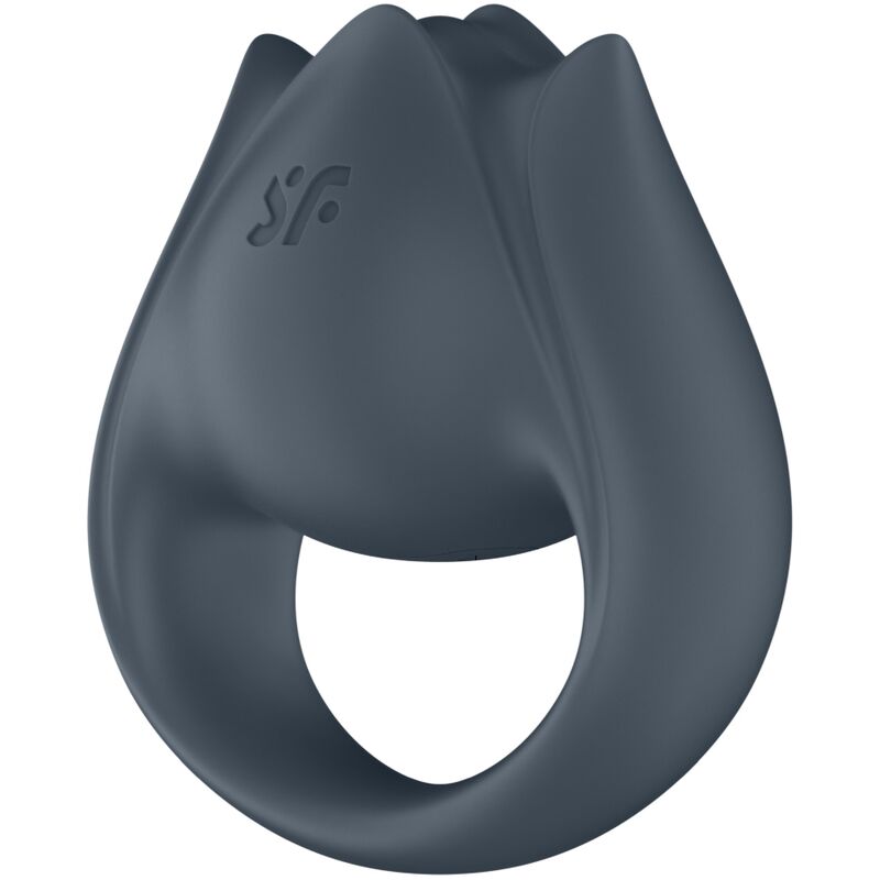 Anneau vibrant Satisfyer Perfect Pair 2 incline, silicone gris a couronne souple et logo SF, hybride doigt vibrant pour stimulation du couple.