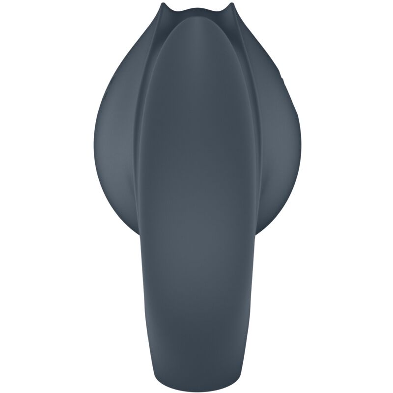 Embout du Satisfyer Perfect Pair 2 replie en mode doigt vibrant, silicone gris ardoise galbe, accessoire compact 2 en 1 pour insertion et stimulation.