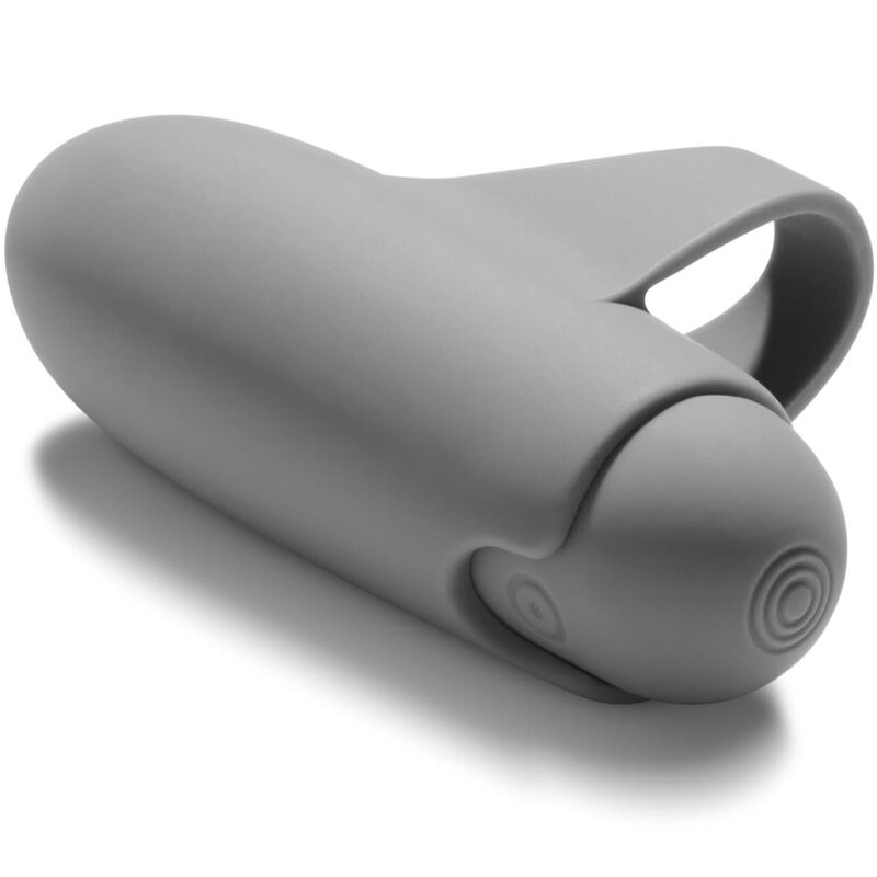Vibromasseur doigt gris en silicone Bijoux Indiscrets, anneau de maintien et manchon amovible, stimulateur clitoridien compact vu de profil sur fond blanc