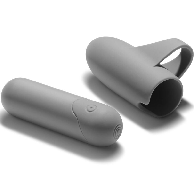 Vibromasseur doigt gris Bijoux Indiscrets demonte en trois pieces, bullet, manchon en silicone et anneau, montage du stimulateur clitoridien sur fond blanc