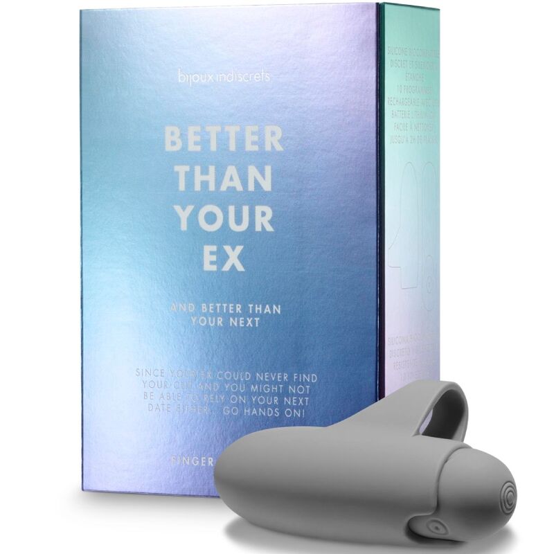 Vibromasseur doigt gris Better Than Your Ex Bijoux Indiscrets pose devant son etui degrade, stimulateur clitoridien a anneau de maintien sur fond blanc