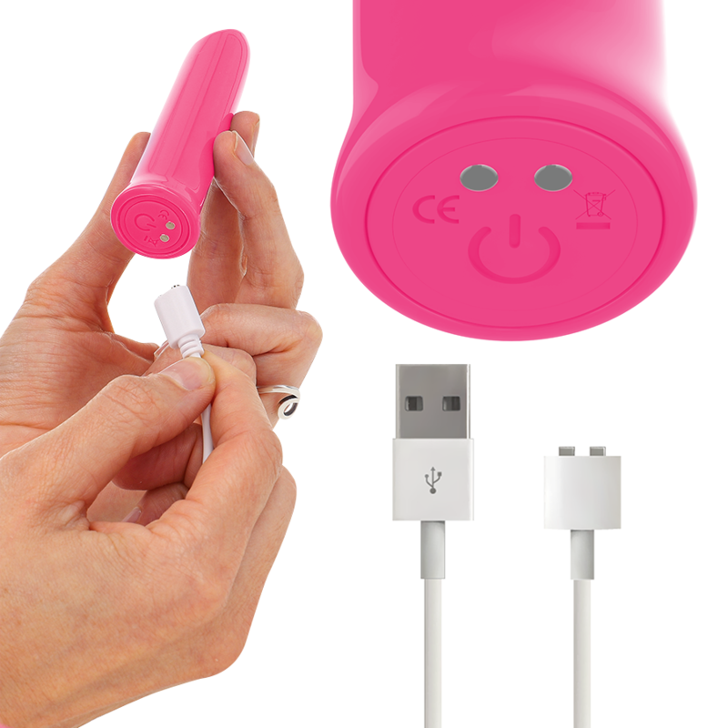Bullet Todrick rose tenu en main près du chargeur magnétique et du câble USB. Boutons et marquage CE détaillés, mini vibromasseur clitoridien rechargeable.
