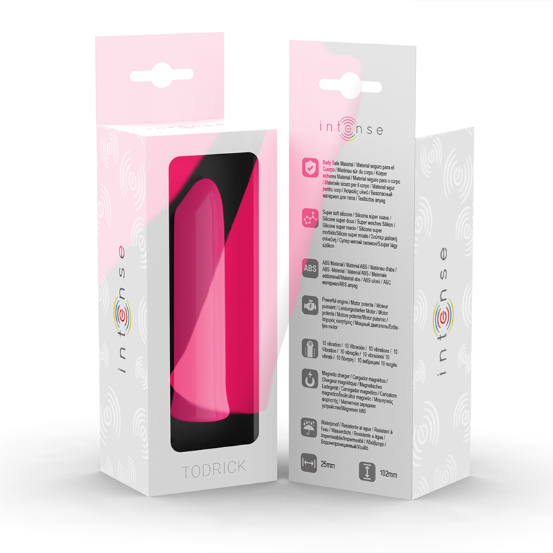 Boite Intense Todrick rose recto-verso, fenêtre transparente dévoilant le bullet et notice produit détaillée. Mini vibromasseur clitoridien 10 modes rechargeable en USB.