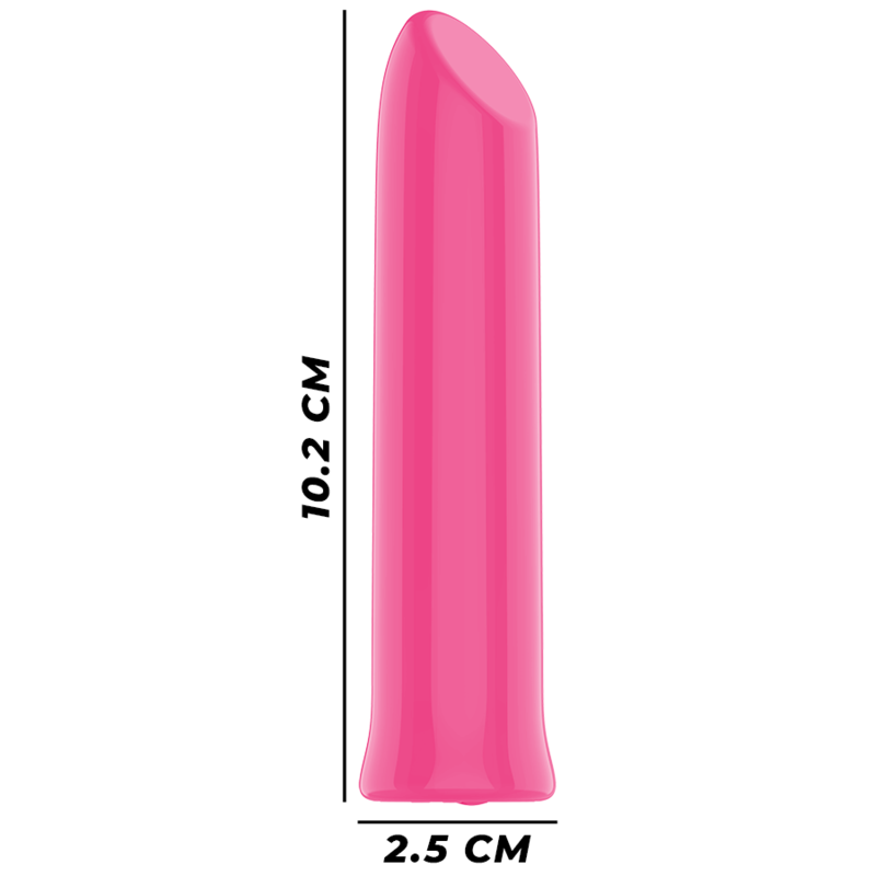 Bullet Todrick Intense rose de profil avec cotes 10,2 cm sur 2,5 cm. Stimulateur clitoridien compact en ABS et silicone, allumage par simple pression.