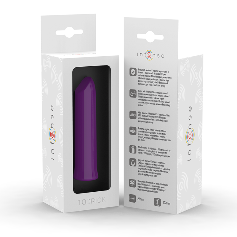 Boite Intense Todrick recto-verso avec fenêtre transparente dévoilant le bullet violet et sa notice. Mini vibromasseur clitoridien 10 modes rechargeable en USB, body-safe.