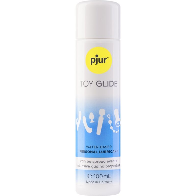 Flacon blanc et bleu Pjur Toy Glide 100 ml de face, lubrifiant base eau special jouets et masturbateurs, glisse douce longue duree compatible toutes matieres.