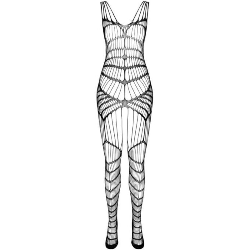 Combinaison resille noire detouree sur fond blanc, motifs en eventail et entrejambe ouvert, bodystocking integral taille unique signe Passion.
