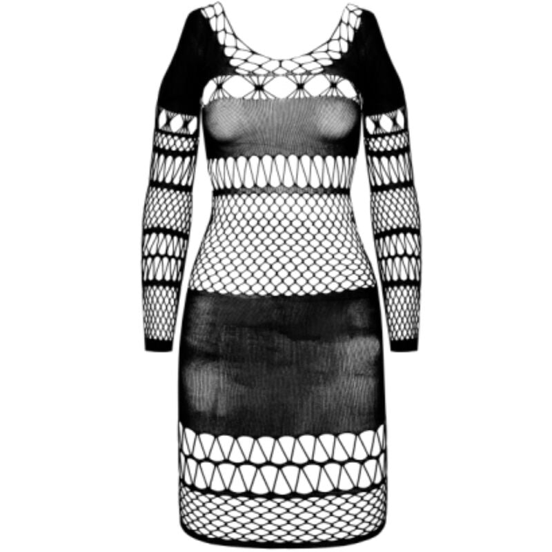 Mini-robe resille noire detouree sur fond blanc, manches longues et larges bandes a mailles filet, robe ajouree taille unique signee Passion.
