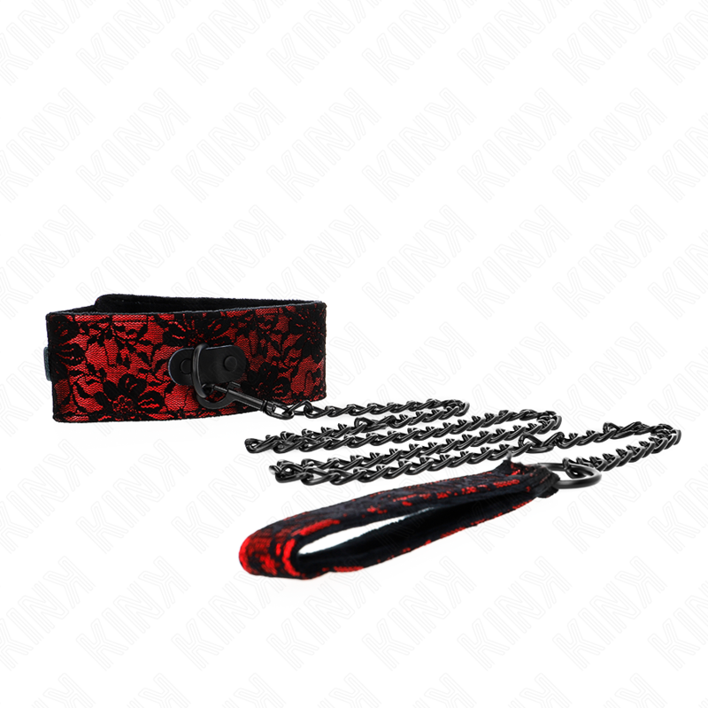 Collier de soumission a dentelle rouge et noire avec laisse a chaine noire et poignee, ensemble glamour fetiche pour le jeu dominant-soumis a deux.