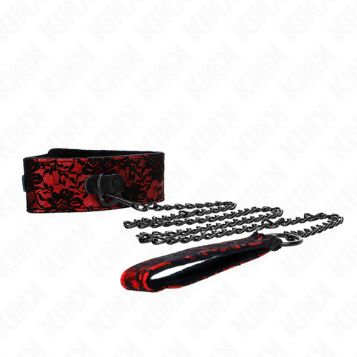 Collier de soumission a dentelle rouge et noire avec laisse a chaine noire et poignee, ensemble glamour fetiche pour le jeu dominant-soumis a deux.