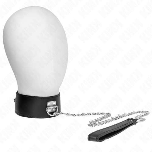 Collier large noir à boucle, relié à une laisse chaîne, porté sur une tête de mannequin blanche, accessoire de soumission BDSM pour guider en douceur.