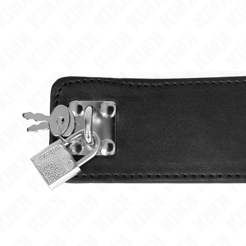 Détail du cadenas argenté à clés et de la platine de verrouillage sur le collier noir en simili-cuir, gros plan sur la fermeture sécurisée de cet accessoire BDSM.